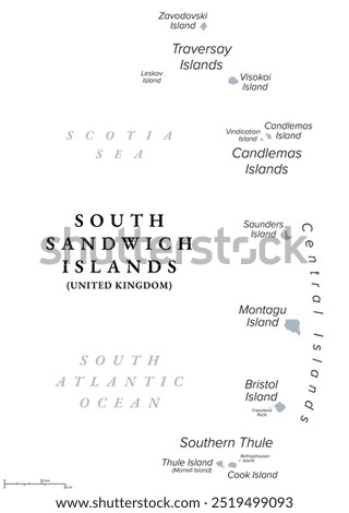 South Sandwich Islands, gray political map. Part of the British Overseas Territory South Georgia and the South Sandwich Islands. Group of islands in the South Atlantic Ocean and Scotia Sea. Vector