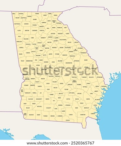 Georgia counties, political map. State in the Southeastern region of the United States, subdivided into 159 counties. Nicknamed Peach State, and Empire State of the South. Map with county names.