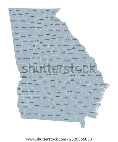 Georgia counties, gray political map. State in the Southeastern region of the United States, subdivided into 159 counties. Nicknamed Peach State, and Empire State of the South. Map with county names.