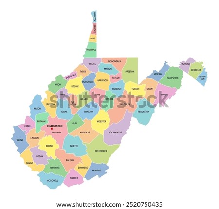 West Virginia, U.S. state, subdivided into 55 counties, multi colored political map with capital Charleston, borders and county names. State in the Southeastern and Mid-Atlantic regions of the USA.