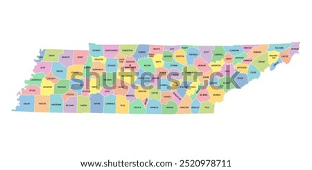 Tennessee, U.S. state, subdivided into 95 counties, multi colored political map with capital Nashville, borders and county names. State in the Southeastern region of United States. Volunteer State.