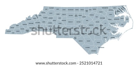 North Carolina counties, gray political map with borders and county names. State in the Southeastern region of United States subdivided into 100 counties. Nicknamed Tar Heel State and Old North State.