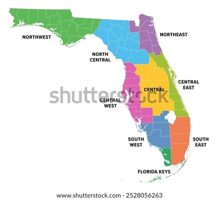 Regions of Florida, a state in the Southeastern United States, colored map. Frequently used division of the U.S. state into 9 main regions, and with boundaries of 67 counties. Isolated illustration.