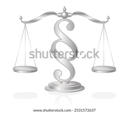 Scales of Justice, a silver colored symbol of measuring support and opposition of a case. Set of scales in balance on a paragraph sign. Lady Justice, Iustitia, is often depicted with a set of scales.