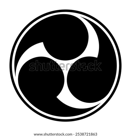 Left threefold Mitsudomoe, Japanese tomoe symbol with border. Swirl of 3 commas or tadpoles, circumscribed in a circle. Widely used for or emblems, banners, rituals, festivals and in Shinto shrines.