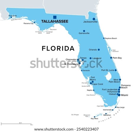 Florida, U.S. state, political map. State in the southeastern region of the United States with capital Tallahassee and largest cities. Nicknamed The Sunshine State. Isolated illustration. Vector.