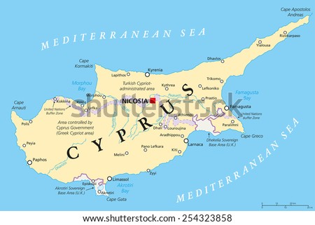 Cyprus Political Map With Capital Nicosia, National Borders, Important ...