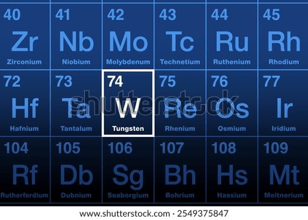 Tungsten, or also wolfram, on the periodic table. Rare metal and chemical element with atomic number 74 and symbol W. Tungsten is Swedish for heavy stone, and wolfram is derived from ore wolframite.