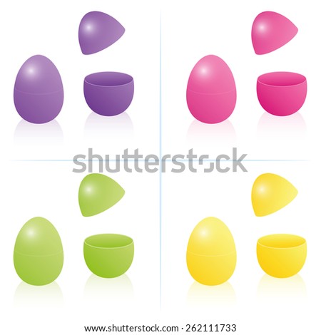 Easter egg boxes, closed and opened to be filled - in the four bright spring colors purple, pink, green and yellow. Three-dimensional isolated vector illustration on white background.