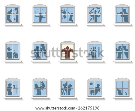 Neighbors that make various kinds of noise, in the middle window an annoyed man covers his ears. Isolated vector illustration on white background.