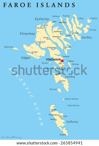 Faroe Islands political map with capital Torshavn and important cities. English labeling and scaling. Illustration.