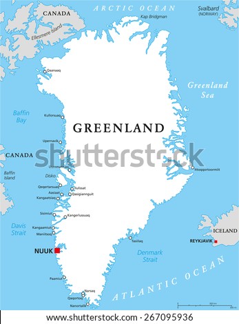 Greenland Political Map with capital Nuuk and important cities. Autonomous country within the Kingdom of Denmark. English labeling and scaling. Illustration.