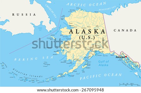 US State Alaska Political Map with capital Juneau, national borders, important cities, rivers and lakes. English labeling and scaling. Illustration.