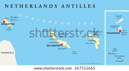 Netherlands Antilles Political Map. Aruba, Curacao, Bonaire, Sint Maarten, Saba and Sint Eustatius with capitals and important cities. English labeling and scaling. Illustration.