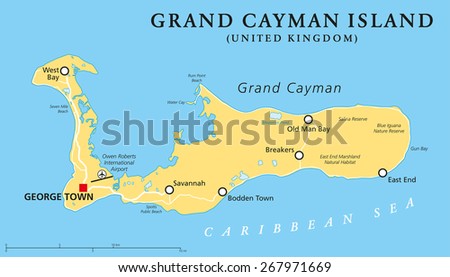 Grand Cayman Island Political Map with capital George Town and important places, the largest of the three Cayman Islands, a British Overseas Territory in the western Caribbean Sea. English labeling.