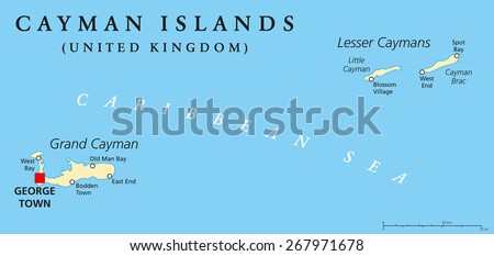 Cayman Islands Political Map with capital George Town and important places. A British Overseas Territory in the western Caribbean Sea. English labeling and scaling. Illustration.