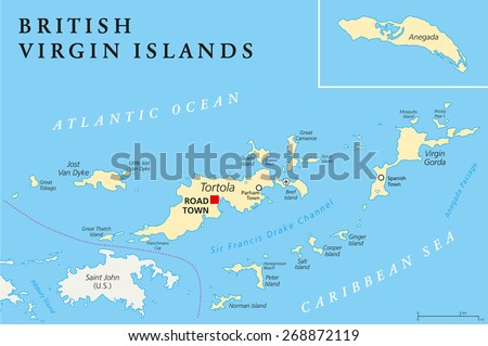 British Virgin Islands Political Map, a british overseas territory located between the Caribbean Sea and the Atlantic Ocean and part of the Virgin islands archipelago. English labeling and scaling.