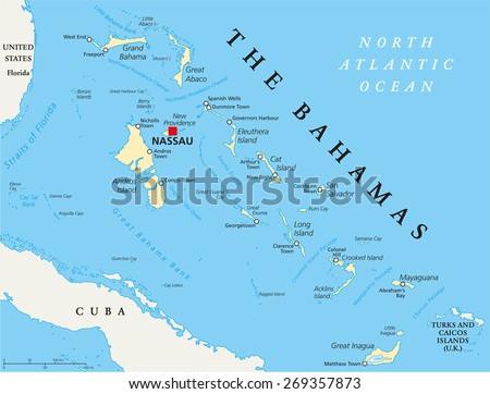 The Bahamas Political Map with capital Nassau, important cities and places. English labeling and scaling. Illustration.