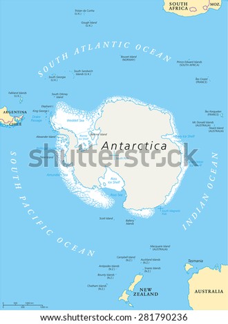 Antarctic Region Political Map with south pole, ice shelfs and islands. English labeling and scaling. Illustration.