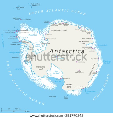 Antarctica Political Map with south pole, scientific research stations and ice shelfs. English labeling and scaling. Illustration.