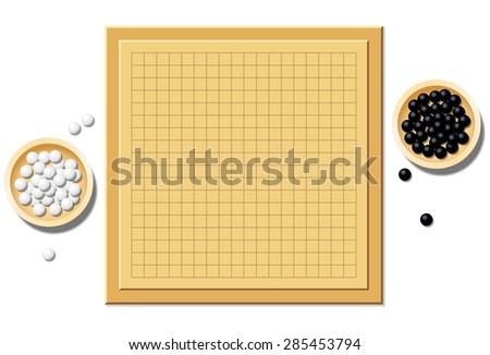 Go game with two wooden bowls filled with black and white stones - empty board, start of play. Isolated vector illustration on white background.