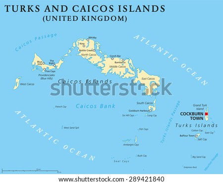 Turks and Caicos Islands political map with capital Cockburn Town. British Overseas Territory with two groups of tropical islands in the Lucayan Archipelago. English labeling and scaling.
