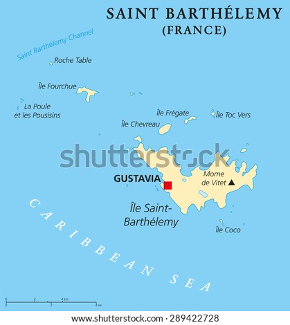 Saint Barthelemy political map with capital Gustavia, also called St. Barts or St. Barths is an overseas collectivity of France. English labeling and scaling. Illustration.