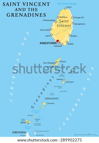 Saint Vincent and the Grenadines political map with capital Kingstown. Island country in the Lesser Antilles Island arc. English labeling and scaling. Illustration.