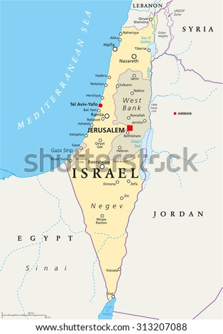 Israel political map with capital Jerusalem, national borders, important cities, rivers and lakes. English labeling and scaling. Illustration.