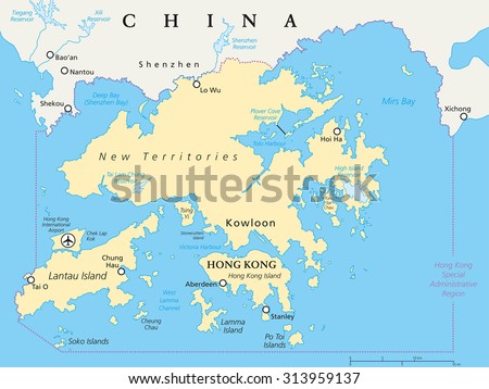 Hong Kong and vicinity political map. World financial Centre and Special Administrative Region in Guangdong Province of China. English labeling and scaling. Illustration.