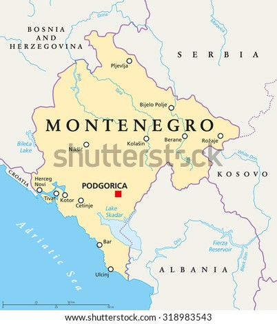 Montenegro political map with capital Podgorica, national borders, important cities, rivers and lakes. English labeling and scaling. Illustration.