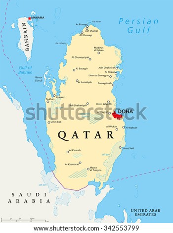 Qatar Political Map With Capital Doha, National Borders, Important ...