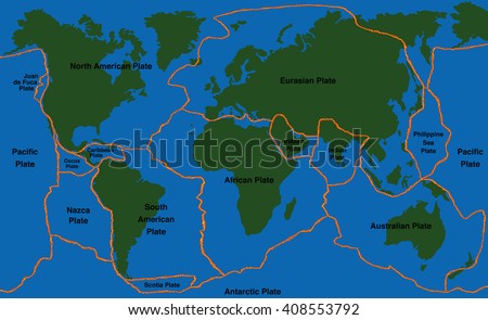 Plate tectonics – world map with fault lines of major an minor plates. Vector illustration.