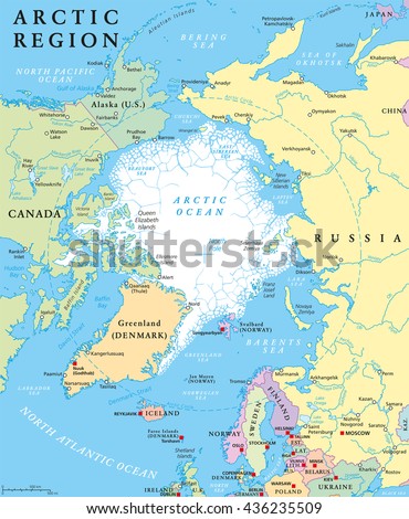 Arctic region political map with countries, capitals, national borders, important cities, rivers and lakes. Arctic Ocean with average minimum extent of sea ice. English labeling and scaling.