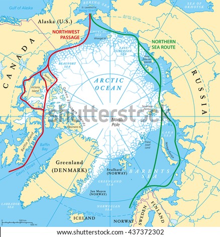 Arctic Ocean Sea Routes Map With Northwest Passage And Northern Sea ...