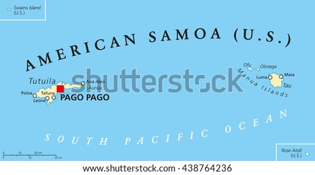 Samoan Islands political map with Samoa, formerly known as Western Samoa and American Samoa and their capitals Apia and Pago Pago. English labeling and scaling. Illustration.