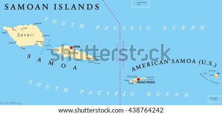 Samoan Islands political map with Samoa, formerly known as Western Samoa and American Samoa and their capitals Apia and Pago Pago. English labeling and scaling. Illustration.