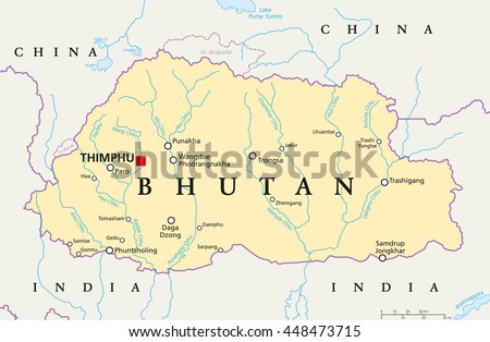 Bhutan political map with capital Thimphu, national borders, important cities, rivers and lakes. Landlocked kingdom in South Asia, Eastern Himalaya. English labelling. Illustration.