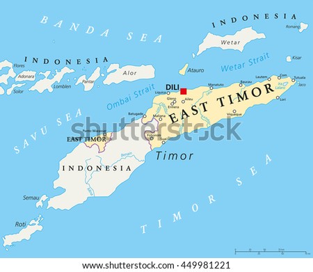 East Timor political map with capital Dili, national borders, important cities and rivers. Sovereign state in Southeast Asia bordered to Indonesia. English labeling.