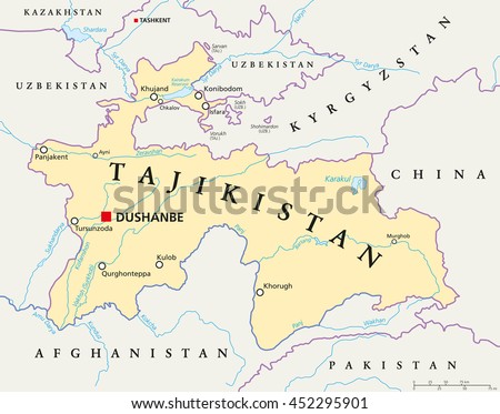 Tajikistan political map with capital Dushanbe, national borders, important cities, rivers and lakes. Republic and landlocked country in Central Asia with two small exclaves. English labeling.