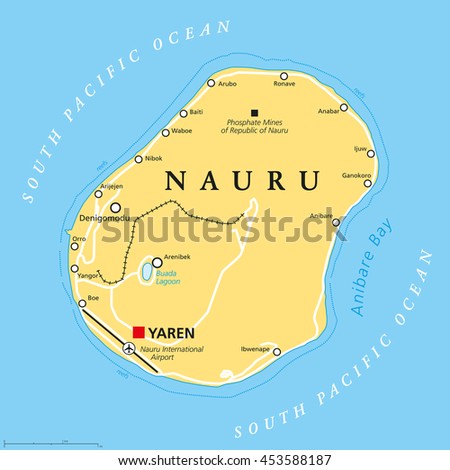 Nauru political map with de facto capital Yaren and important settlements. Republic in Micronesia in the Central Pacific. Island country, formerly known as Pleasant Island. English labeling.