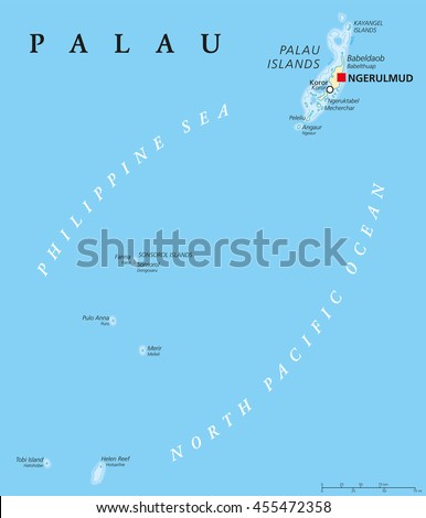 Palau political map with capital Ngerulmud. Republic and island country in North Pacific Ocean forming the western chain of Caroline Islands in Micronesia. English labeling. Illustration.