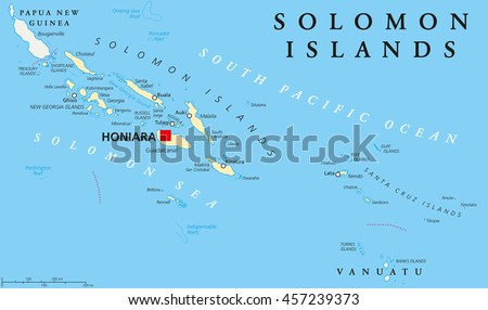 Solomon Islands political map with capital Honiara on Guadalcanal. Sovereign country consisting of six major islands in Oceania between Papua New Guinea and Vanuatu. English labeling. Illustration.