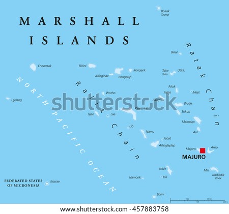 Marshall Islands political map with capital Majuro. Republic and island country near the equator in the Pacific Ocean in Micronesia. English labeling. Illustration.