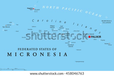 Federated States of Micronesia political map with capital Palikir. An independent sovereign island nation consisting of four united states spread across the Western Pacific Ocean. English labeling.