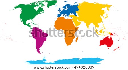 seven continents map asia yellow africa orange north america green south america