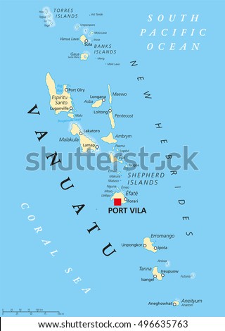 Vanuatu map with capital Port Vila. Republic and island nation in South Pacific Ocean. New Hebrides with largest islands Espiritu Santo, Malakula and Efate. English labeling. Illustration.