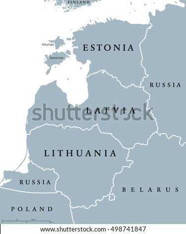 Baltic countries political map, also known as Baltics, Baltic nations or states. Estonia, Latvia and Lithuania with national borders. Gray illustration with English labeling and scaling over white.