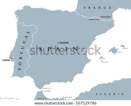 Portugal and Spain political map with capitals Lisbon and Madrid, Balearic Islands and national borders. Gray illustration of Iberian Peninsula with English labeling and scaling on white background.