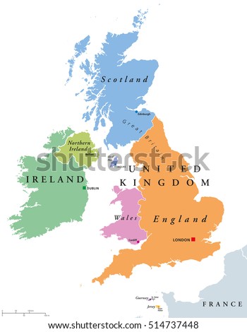 United Kingdom countries and Ireland political map. England, Scotland, Wales, Northern Ireland, Guernsey, Jersey, Isle of Man and their capitals in different colors. Illustration on white background.
